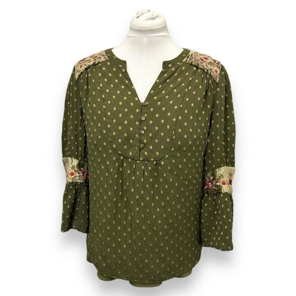 Chico's Women’s Green Jacquard Dot Embroidered  Velvet Details Peasant Blouse M